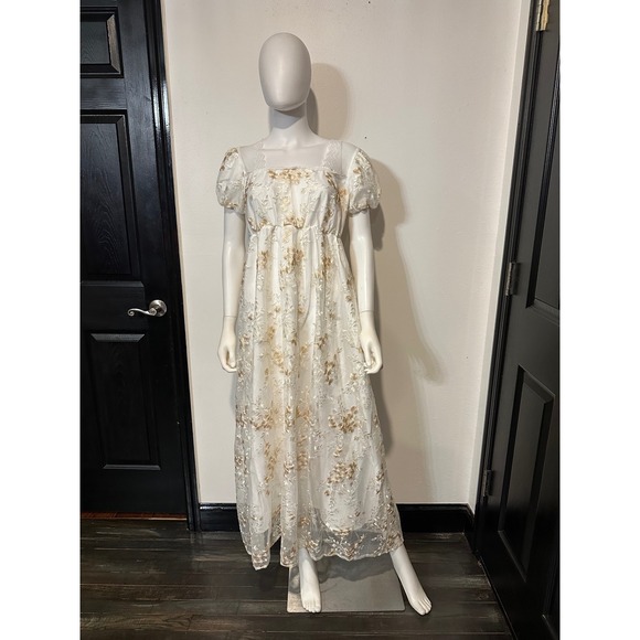 Dresses & Skirts - Floral Embroidered Mesh Maxi Dress White Gold Puff Sleeve Empire Waist Romantic